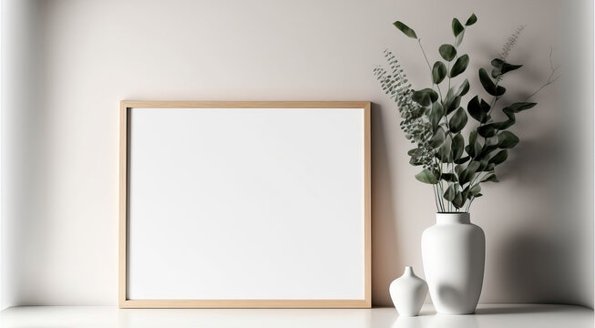 Empty horizontal frame mockup in modern minimalist interior with plant in trendy vase on white wall background. Template for artwork, painting, photo or poster © Rodrigo