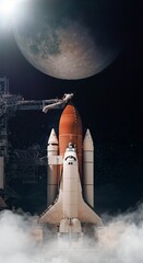 Space Shuttle takes off to moon. Elements of this image furnished by NASA.