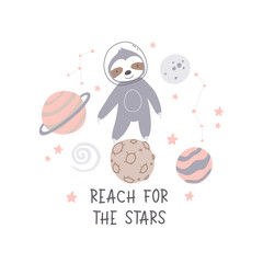 Space adventure sloth. Cartoon bear, hand drawing lettering, decor elements. Pastel vector illustration for kids. Scandinavian flat style. baby design for cards, posters, t-shirt print.