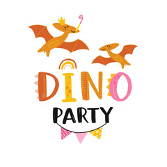 Happy birthday. Lovely vector illustration with funny dinosaur and gift. Hand drawn print, greeting card or poster for children room decoration. Flat cartoon dino character and lettering