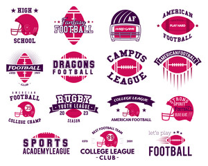 American football logo templates big set. Rugby badges isolated on white background. Sports labels collection. Stock vector illustration