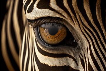 closeup of a brown eye of a zebra. Generative AI - obrazy, fototapety, plakaty