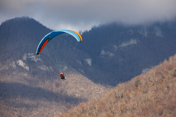Paraglider flies against the backdrop of mountains and a forest of clouds.