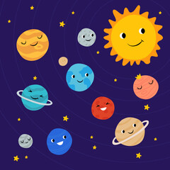 Naklejka premium Cute planets of Solar system with happy faces. Funny celestial objects in outer space. Pretty astronomical bodies orbiting Sun. Astronomy for children. Childish flat cartoon vector illustration.