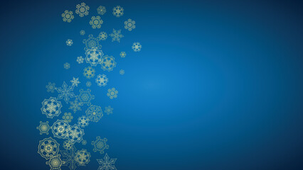 Fototapeta na wymiar New Year snow on blue background. Gold glitter snowflakes. Christmas and New Year snow falling backdrop. For season sales, special offers, banner, cards, party invite, flyer. Horizontal frosty winter.