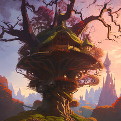 Artwork about a magical treehouse in a mysterious dense forest, Generative Ai