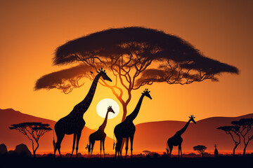 giraffes in the savanna at sunset. Generative AI