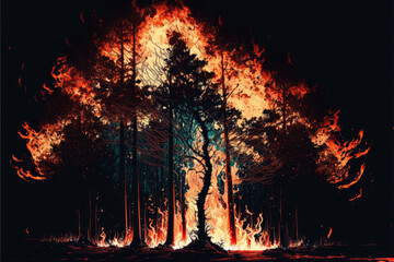 illustration of a forest fire at night with burning trees. Generative AI