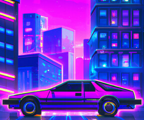 Retrofouturistic synthwave car in the city streat