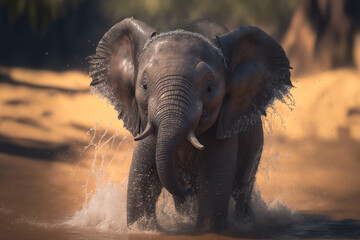 Fototapeta na wymiar wet baby elephant shaking the water off made by generative ai