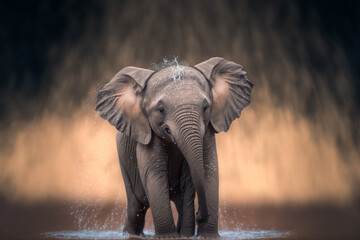 Obraz na płótnie Canvas wet baby elephant shaking the water off made by generative ai