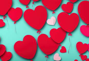 Fototapeta na wymiar Valentine's day background with red and pink hearts like balloons on green background, flat lay, clipping path