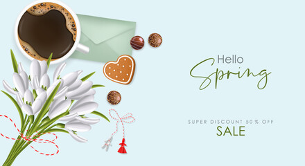 Hello spring, 1 march, realistic snowdrop, martisor, chocolate, envelope and coffee, spring symbol, floral background, season bouquet vector illustration