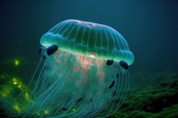 Jellyfish in the ocean. Underwater world. 3d rendering generative ai