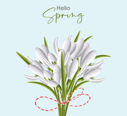 Hello spring, 1 march, 8 march, realistic snowdrop, spring symbol, floral banner, season bouquet vector illustration