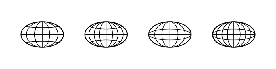 Globe icon. World vector set. Earth wide globe sign. Planet symbol flatten. Black isolated flat globe icons set on white background..