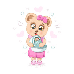 Cute cartoon bear with little bear and baby carrier