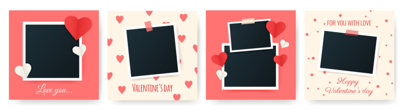 Valentine's day romantic cards with blank set photo picture frames. Greeting valentines template. Photo for memory. Vector mockup illustration