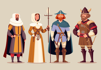 Fototapeta na wymiar Set Of Medieval Characters Like Queens, Kings, Knights, Guardians, Maids, Stable Boys
