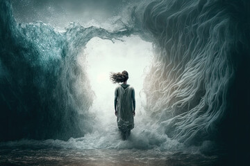 Obraz premium illustration of a woman being swallowed by water waves. Generative AI
