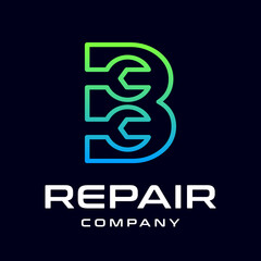 Repair B letter vector logo template. This font use wrench symbol. Suitable for technology, mechanic, or automotive business.