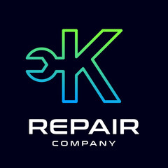 Obraz premium Repair K letter vector logo template. This font use wrench symbol. Suitable for technology, mechanic, or automotive business.