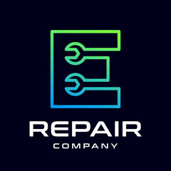 Repair E letter vector logo template. This font use wrench symbol. Suitable for technology, mechanic, or automotive business.