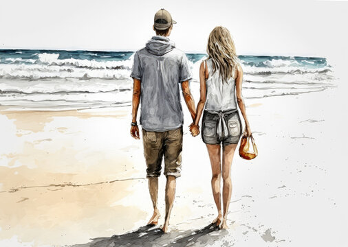 illustration of a young couple holding hands and walking on the beach sand. Generative AI