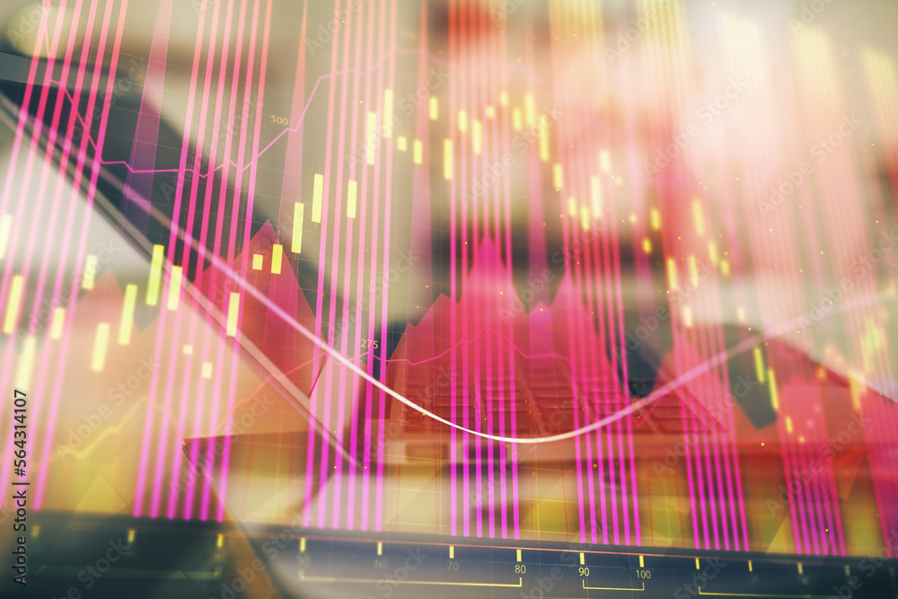 Poster forex graph hologram on table with computer background. double exposure. concept of financial market