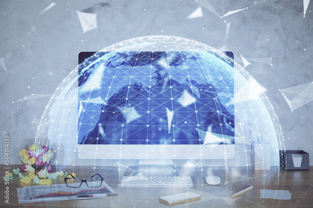Poster double exposure of business theme icons and work space with computer background. concept of success.