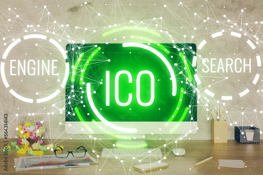 Poster Double exposure of blockchain and crypto economy theme hologram and table with computer background. Concept of bitcoin cryptocurrency.