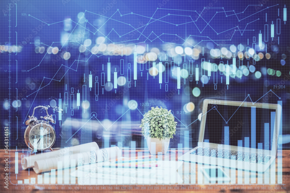 Poster forex graph hologram on table with computer background. double exposure. concept of financial market