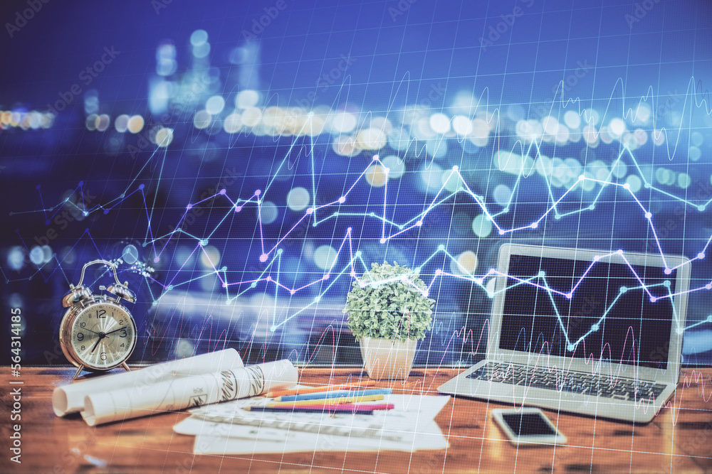 Poster forex graph hologram on table with computer background. double exposure. concept of financial market