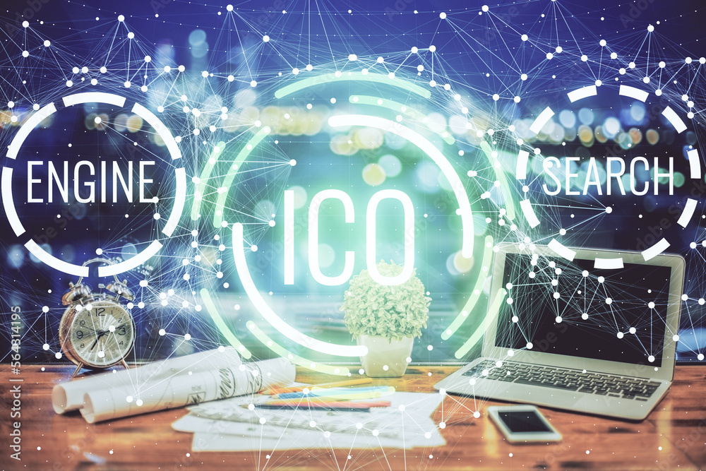 Poster Double exposure of blockchain and crypto economy theme hologram and table with computer background. Concept of bitcoin cryptocurrency.