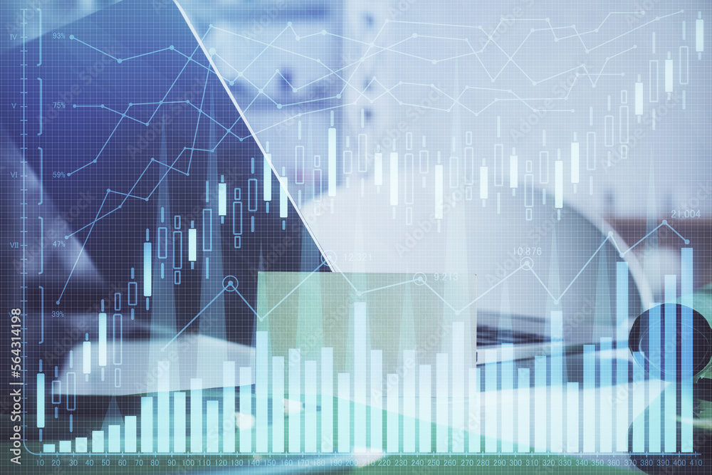 Poster multi exposure of forex graph and work space with computer. concept of international online trading.