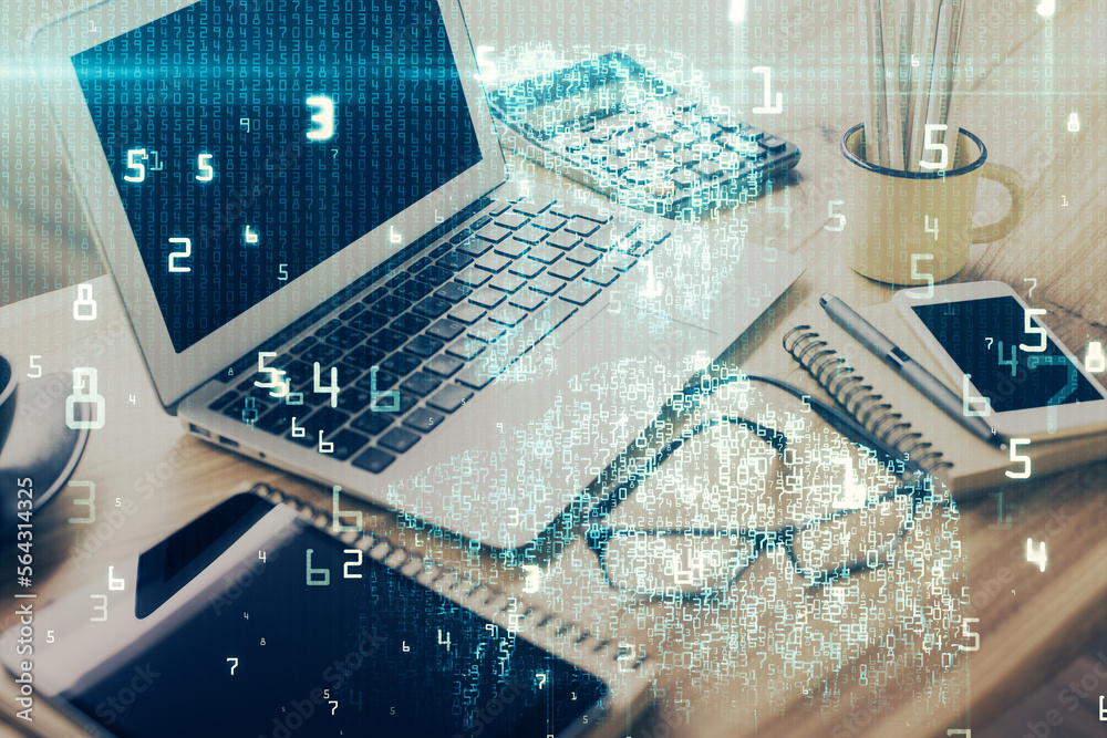 Poster Double exposure of table with computer on background and data theme drawing. Concept of innovation.