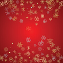 Christmas snow on red background. Glitter frame for seasonal winter banners, gift coupon, voucher, ads, party event. Santa Claus colors with golden Christmas snow. Falling snowflakes for holiday