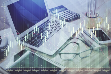 Multi exposure of forex graph and work space with computer. Concept of international online trading.