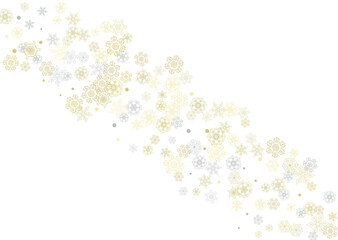 Gold snowflakes frame on white background. New year theme. Horizontal shiny Christmas frame for holiday banner, card, sale, special offer. Falling snow with gold snowflake and glitter for party invite