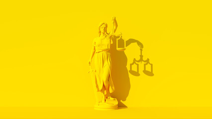 Yellow Lady Justice Statue Personification of the Judicial System Traditional Protection and Balance Moral Force for Good and Lawfare Yellow Background 3d illustration render	 - 564314754