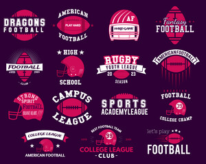 American football logo templates big set. Rugby badges isolated on dark background. Sports labels collection. Stock vector illustration