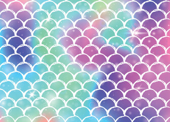 Kawaii mermaid background with princess rainbow scales pattern. Fish tail banner with magic sparkles and stars. Sea fantasy invitation for girlie party. Vibrant kawaii mermaid backdrop.