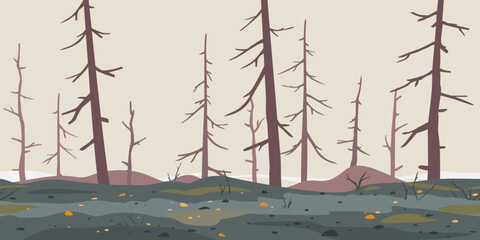 Trunks of dead trees after fire, game background tillable horizontally, nature disaster concept illustration background, consequences of raising fires in forest, way through a dangerous place