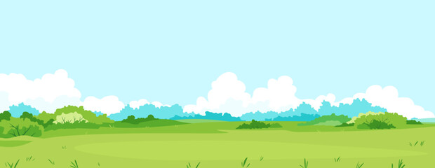 Green meadow with grass and bushes against blue sky with big white clouds, summer sunny glade with field grasses and blue sky, freedom landscape illustration, summer nature sample background