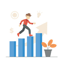 Vector illustration of business startup concept, Businessman boy walking on arrow ladder to success, goals, career, leadership designed in flat style.