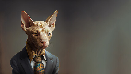 cat sphynx, portrait, feline, sphinx,  studio portraits , sphinx cat in elegant clothes tie, head , copy space, generative AI