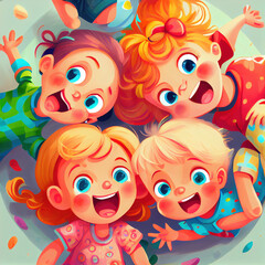 Group portrait of happy kids. Generative Ai