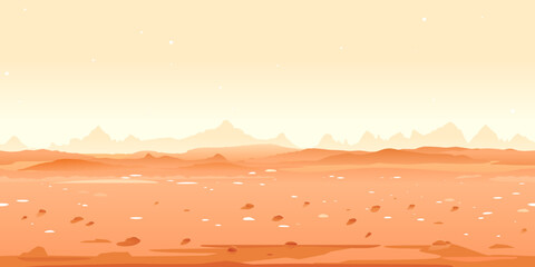 Martian desert game background tillable horizontally, orange sand hills with stones on a deserted planet with hight mountains in view from afar - obrazy, fototapety, plakaty