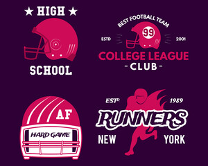 4 American football logo templates set. Rugby badges isolated on dark background. Sports labels collection. Stock vector illustration