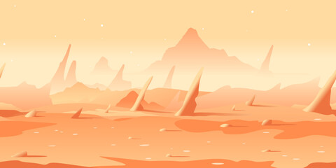 Martian landscape with danger sharp rocks game background tillable horizontally, orange sand hills with rocks on a deserted planet with hight mountains in view from afar © Oceloti